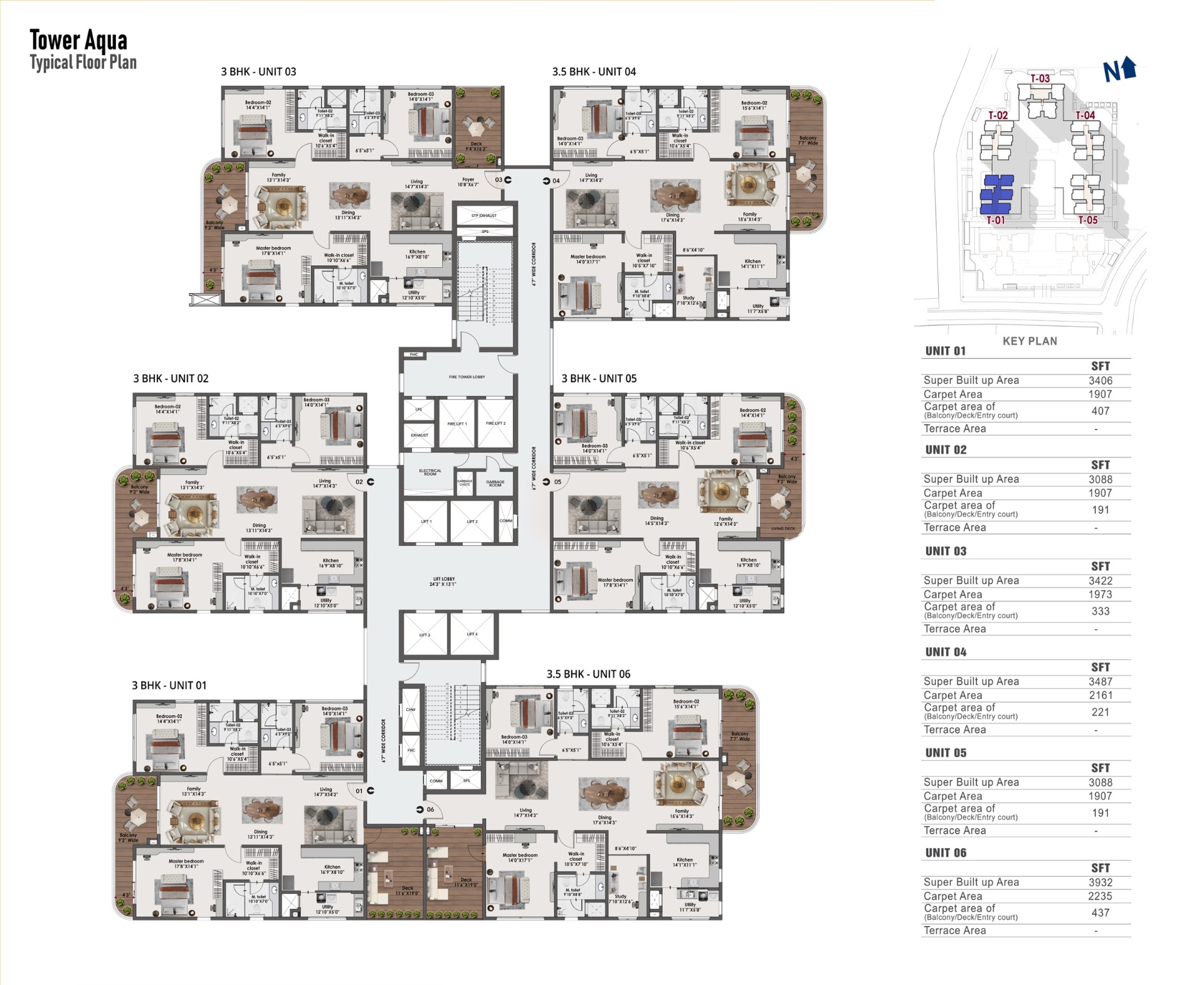 3.5 BHK typical floor plan — Tower Aqua