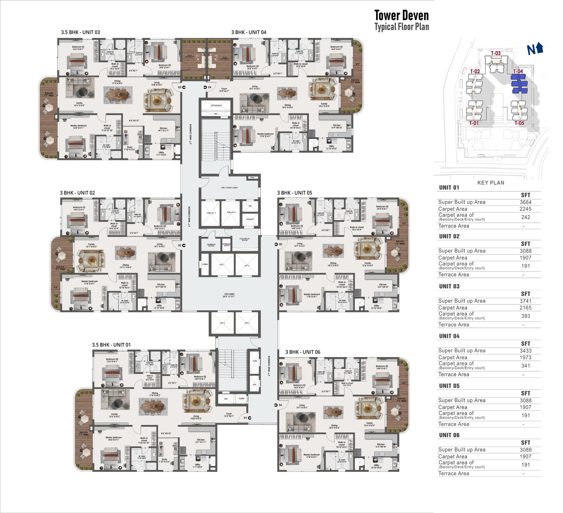 3 BHK typical floor plan — Tower Deven