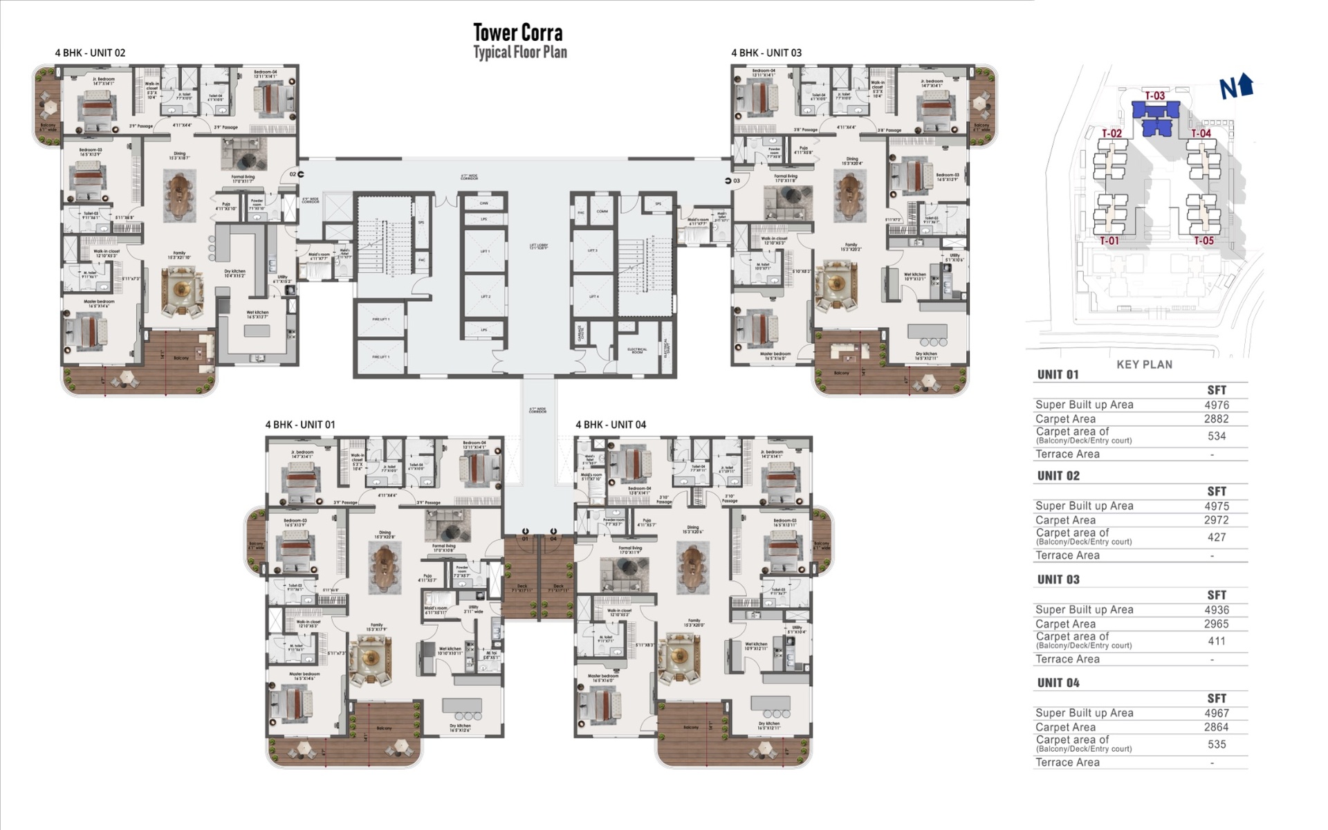 4 BHK typical floor plan — Tower Corra
